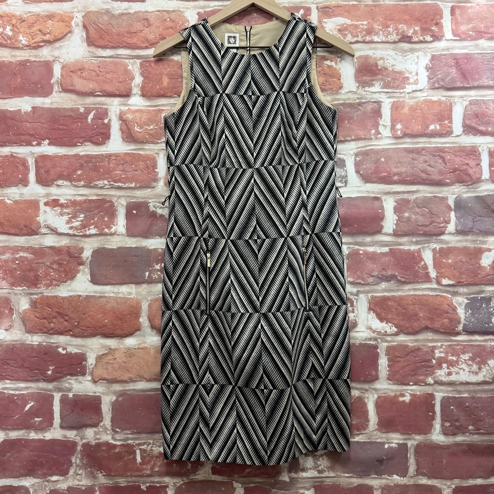 Anne Klein Dress Women's 4 Black Cream Geo Abstract Casual Career Zip Up